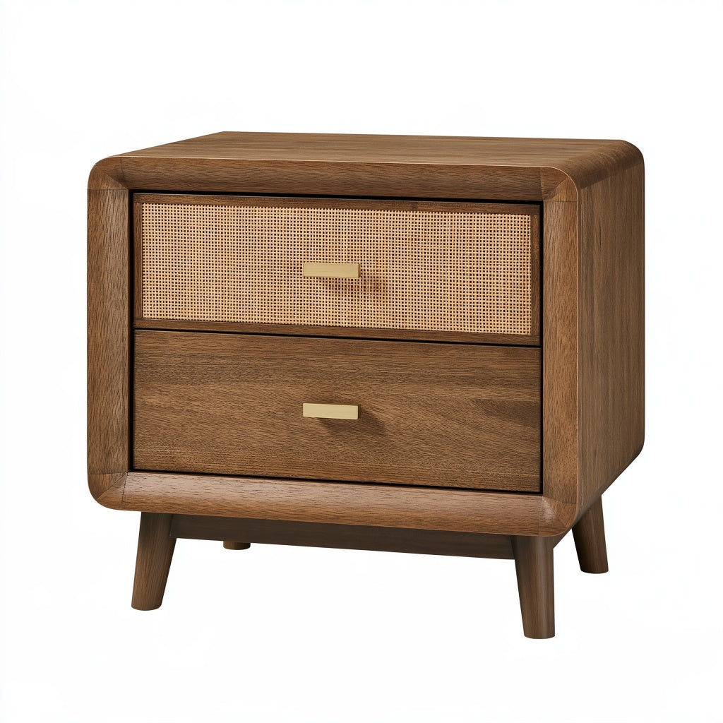 Nachttisch 50 x 40 x 60 cm aus Holz in Braun mit Rattanfront im Retro-Stil