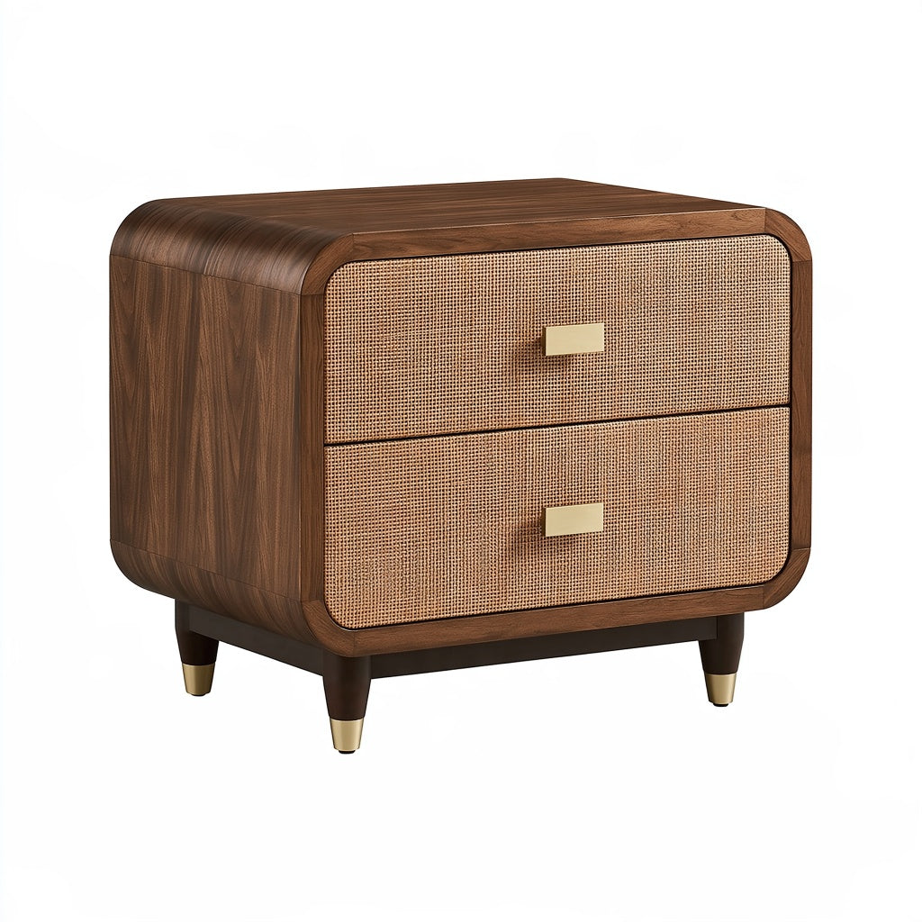Nachttisch 60 x 40 x 58 cm Holzoptik Braun mit Rattangeflecht und 2 Schubladen