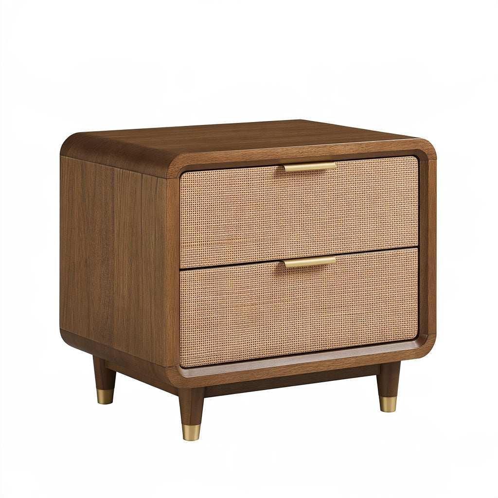Nachttisch 50 x 40 x 55 cm aus Holz in Braun mit Rattangeflecht und 2 Schubladen