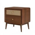 Nachttisch 50 x 40 x 60 cm aus Holz in Dunkelbraun mit Rattangeflecht - Mid-Century-Stil mit 2 Schubladen