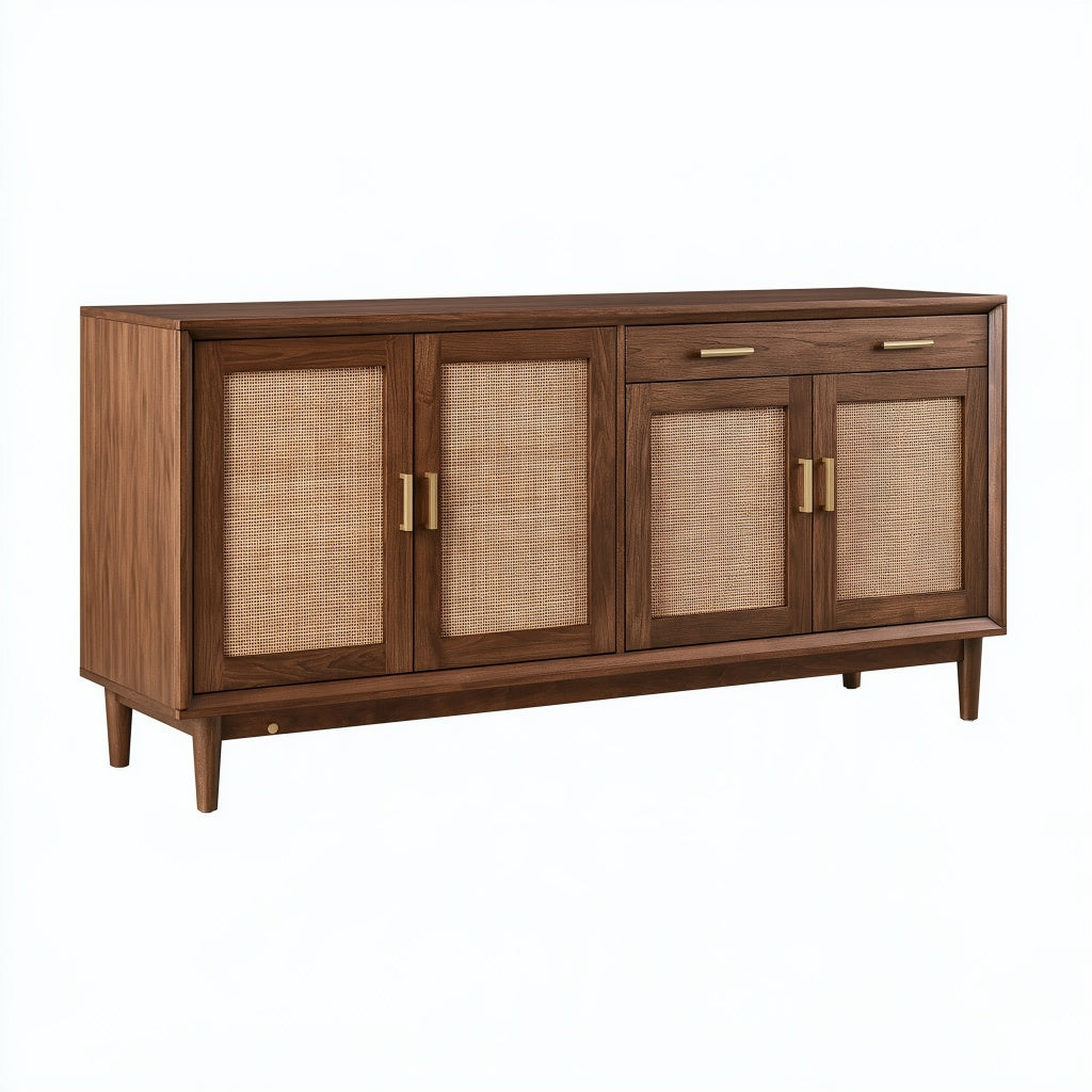 Sideboard 160 x 40 x 85 cm in Walnussbraun mit Rattangeflecht - Mid-Century Stil