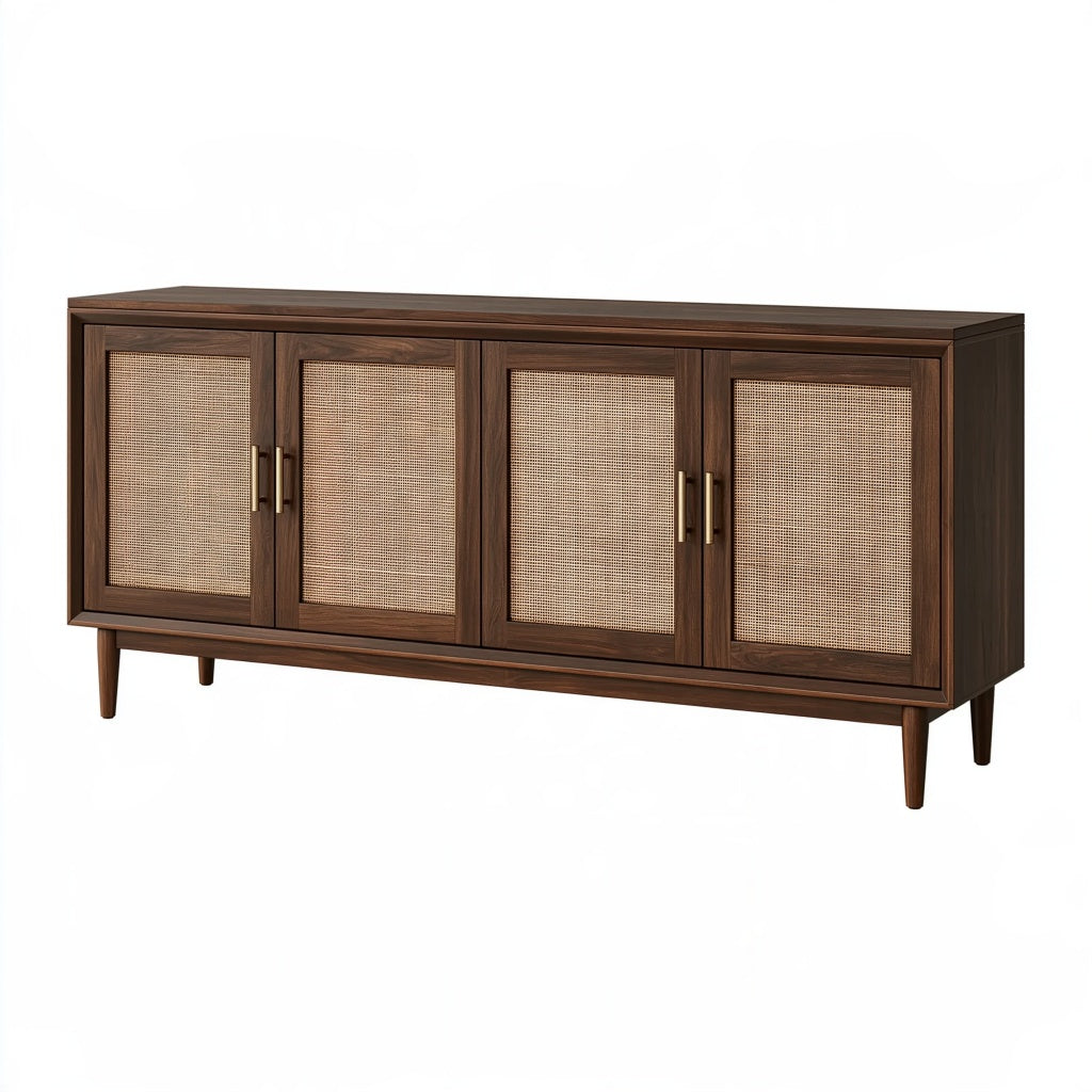 Sideboard 180 x 45 x 80 cm aus Holz und Rattangeflecht Dunkelbraun für Wohnzimmer im Mid-Century-Stil