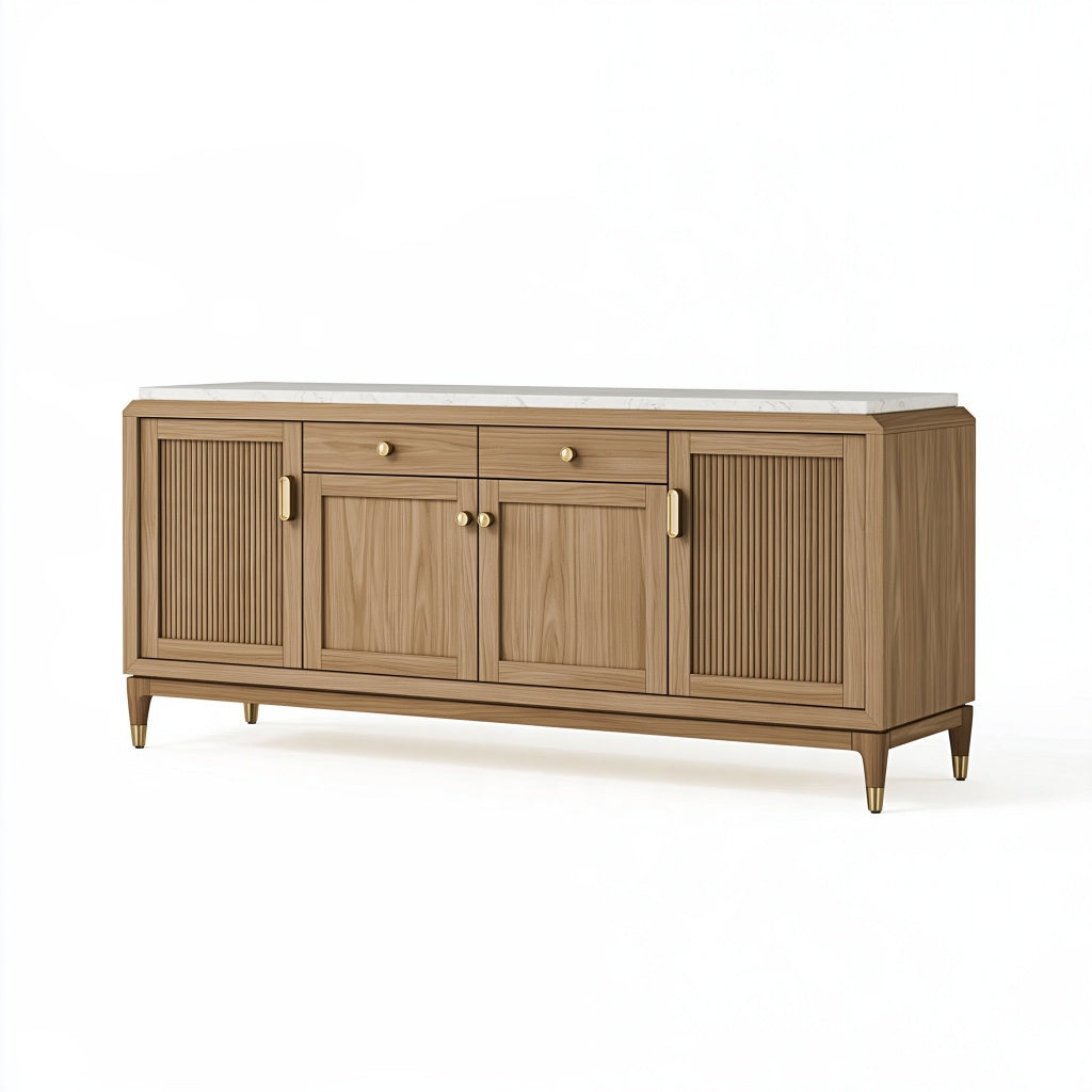 Sideboard 180 x 45 x 85 cm Holzoptik Braun mit Marmoroptikplatte und Lamellentüren