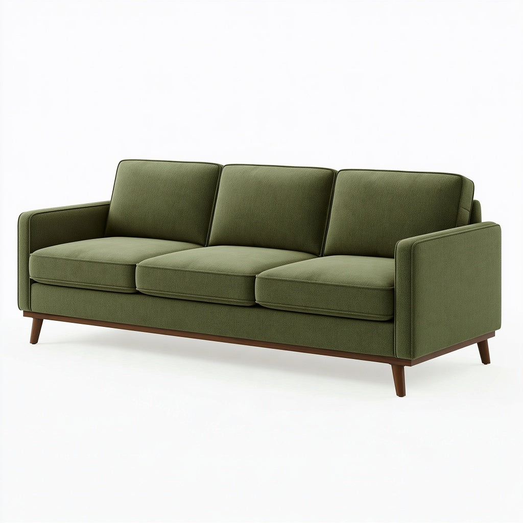 3-Sitzer Sofa 210 x 88 x 84 cm olivgrüner Stoffbezug mit Holzfüßen im Mid-Century-Stil